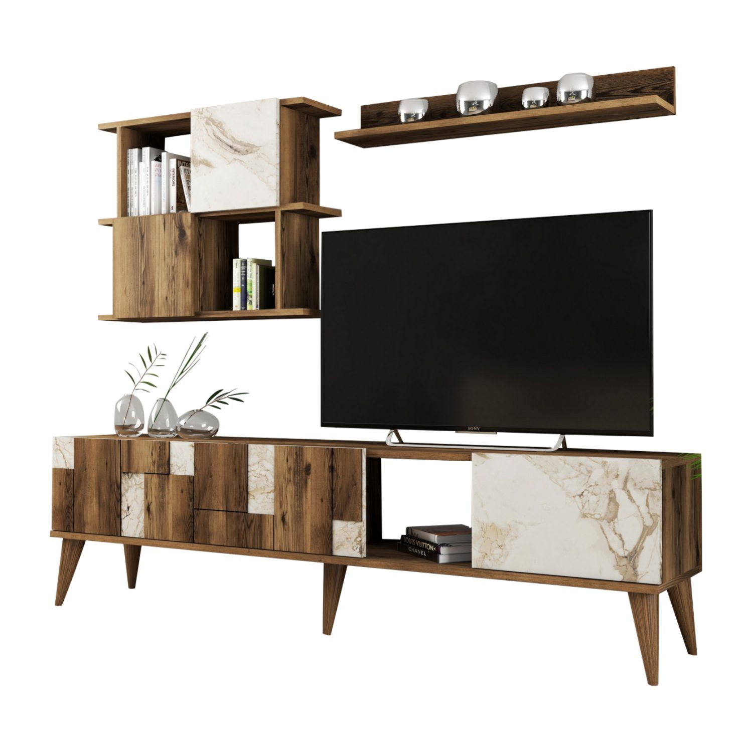 synthesi-tileorasis-fb9943703-melamini-k ΣΥΝΘΕΣΗ ΤΗΛΕΟΡΑΣΗΣ HM9437.03 ΜΕΛΑΜΙΝΗ ΚΑΡΥΔΙ ΚΑΙ ΛΕΥΚΟ ΜΑΡΜΑΡΟ 180x33.8x48.6Yεκ. - Image 1