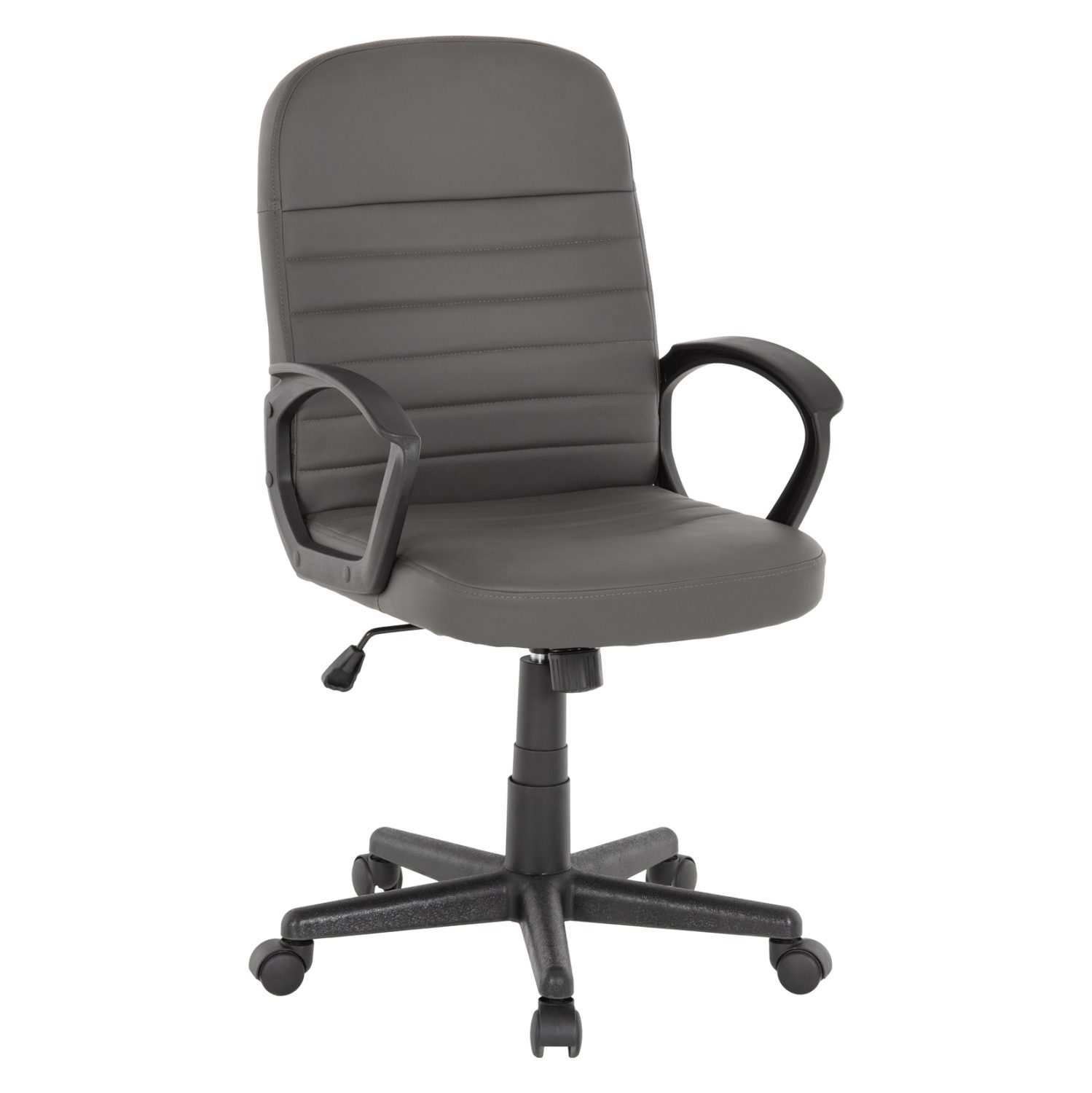 karekla-grafeioy-fb9118910-pu-derma-gkri ΚΑΡΕΚΛΑ ΓΡΑΦΕΙΟΥ THEONI HM1189.10 PU ΔΕΡΜΑ ΓΚΡΙ ΧΡΩΜΑ-ΜΑΥΡΑ ΜΠΡΑΤΣΑ 55x65x100Υεκ. - Image 1